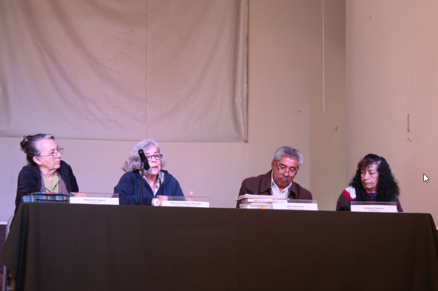 Aspecto de conferencia. De izquierda a derecha: Dinorah López/FIAN México; Alicia Carriquiriborde/FIAN México/EspacioDESC; Abel Barrera/CDH Tlachinollan; Leticia Guerrero/FIAN México | Foto: Centro Prodh