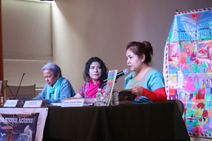 Presentación del informe "Defensoras somos todas". De izquierda a derecha: Juliana Quintanilla/CIDH-Morelos; Atziri Ávila/RNDDHM; Paloma Estrada/CIDH-Morelos | Foto: Centro Prodh