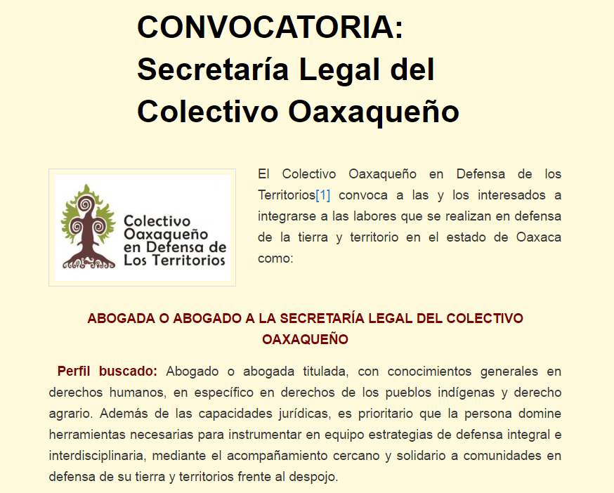 Convocatoria para Secretaría Legal del Colectivo Oaxaqueño en Defensa de los Territorios