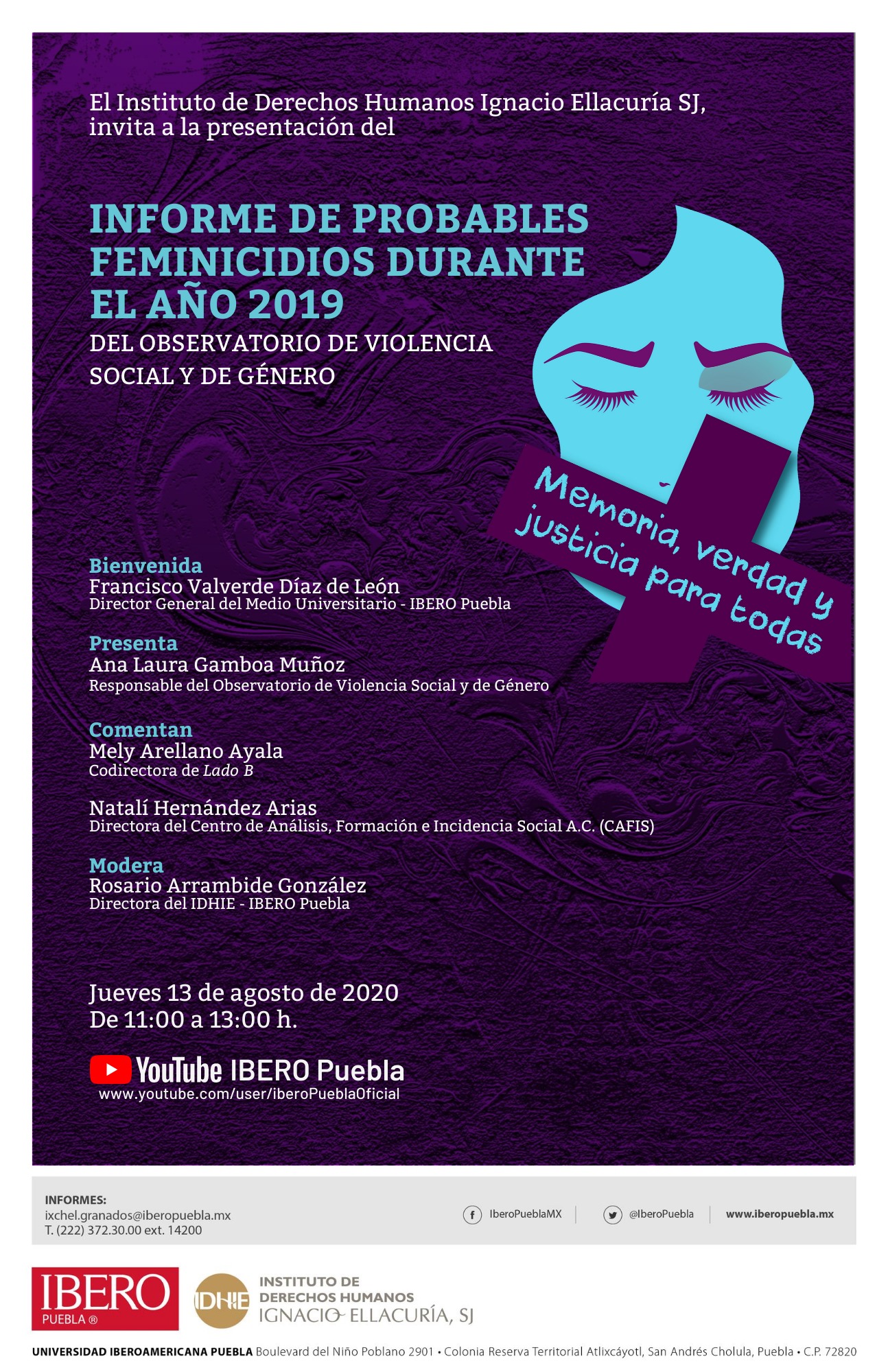 EN AGENDHA | Presentación del «Informe de probables feminicidios durante el año 2019» en Puebla